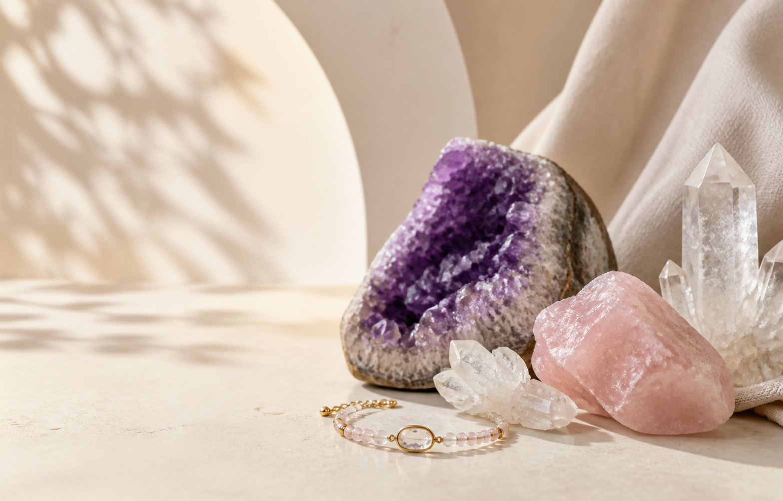 Natural crystals and a delicate bracelet in warm morning light
